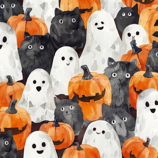 Seamless 3D PBR Texture Featuring Watercolor Black Cats, Ghosts, and Jack-o'-Lanterns