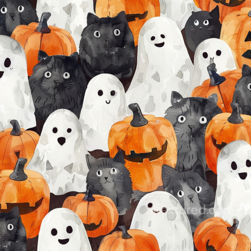 Featuring Watercolor Black Cats, Ghosts, and Jack-o'-Lanterns seamless Watercolor Halloween PBR texture