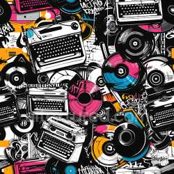 seamless Seamless 3D PBR Graffiti Texture Featuring Vintage Typewriters and Colorful Vinyl Records texture 8k free download PBR