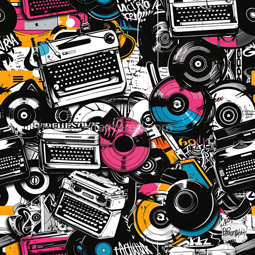 Seamless 3D PBR Graffiti Texture Featuring Vintage Typewriters and Colorful Vinyl Records