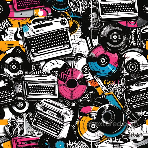 Seamless 3D PBR Graffiti Texture Featuring Vintage Typewriters and Colorful Vinyl Records texture preview
