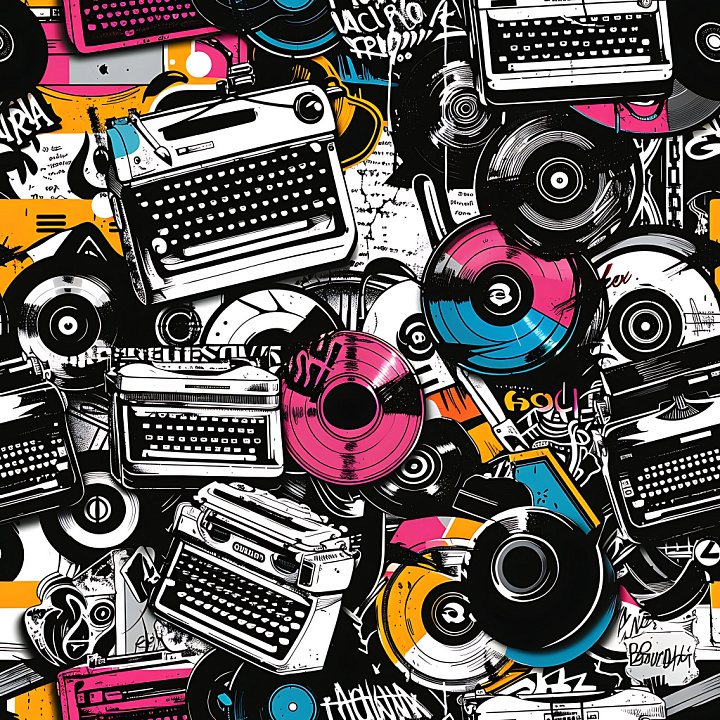 Graffiti Featuring Vintage Typewriters and Colorful Vinyl Records seamless PBR texture preview