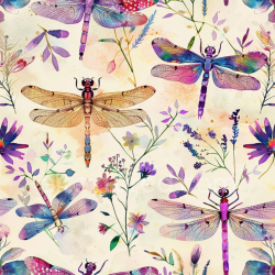seamless Seamless 3D PBR Watercolor Dragonfly Pattern Texture with Floral Elements texture 8k free download PBR
