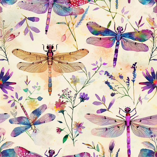 Seamless 3D PBR Watercolor Dragonfly Pattern Texture with Floral Elements