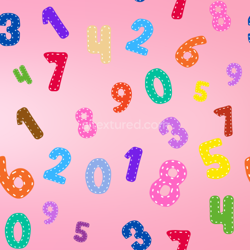 Seamless 3D PBR fabric texture with colorful stitched numbers on pink background