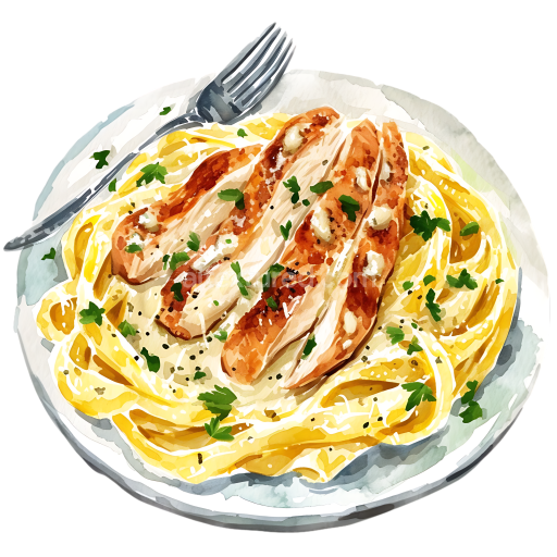Chicken Alfredo Pasta Breakfast Illustration with Herbs and Fork