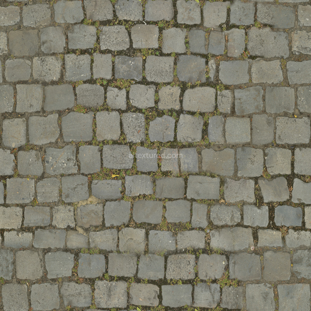 Seamless paving stones PBR texture with moss and dirt