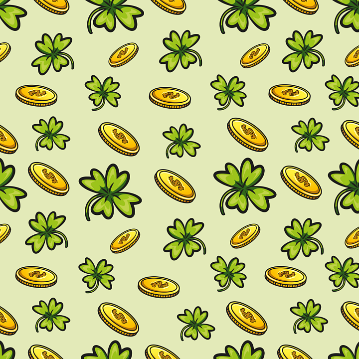 St Patrick Digital Paper Bundle of Cartoon-style Clovers and Golden Coi… seamless PBR texture preview