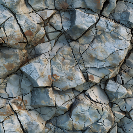 Seamless 3D PBR cracked cliff rock texture with weathered gray-blue stone pattern