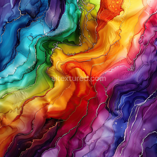 Seamless 3D Alcohol Ink PBR Texture with Vibrant Rainbow Fluid Waves and Fine Veins