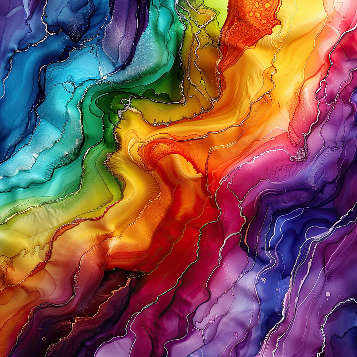 Alcohol Ink with Vibrant Rainbow Fluid Waves and Fine Veins seamless PBR texture preview
