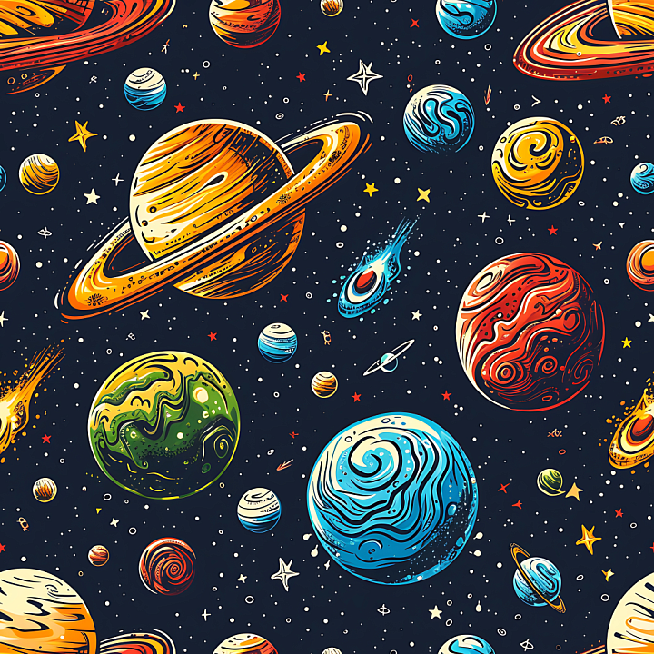 Stylized Space Featuring Colorful Planets and Starry Sky seamless PBR texture preview