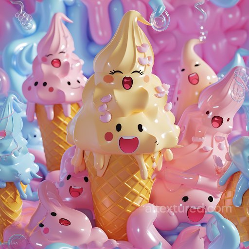 Inflated PBR Texture of Glossy Pastel Ice Cream Cones with Smiling Faces seamless Inflated PBR texture