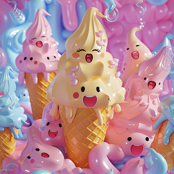 Inflated Featuring Glossy Cartoon Ice Cream Cones in Pastel Colors seamless PBR texture preview