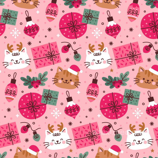 Christmas Pink Texture of Playful Pink Christmas Cats and Gifts Pattern seamless Christmas Pink PBR texture