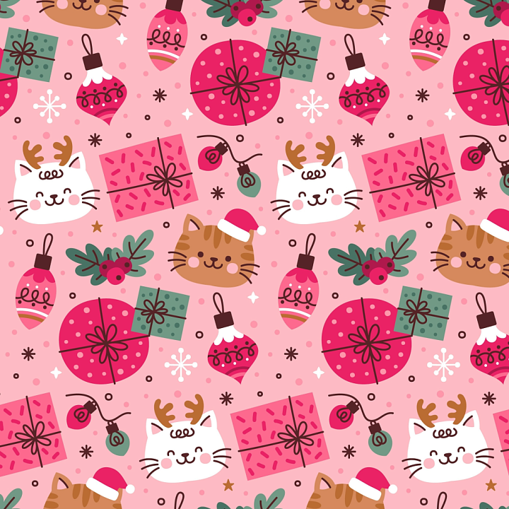 Christmas Pink of Playful Pink Christmas Cats and Gifts Pattern seamless PBR texture preview