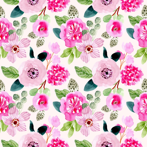 Seamless 3D PBR Watercolor Pink Flower Pattern Texture with Green Leaves
