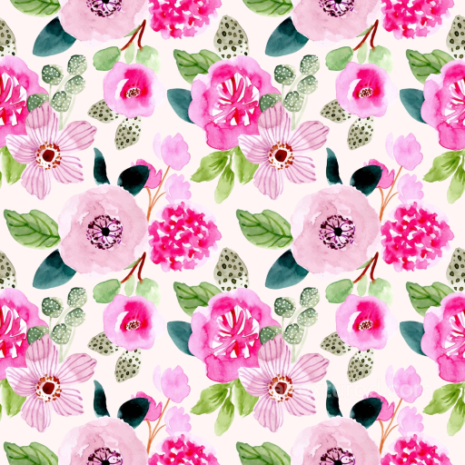 Watercolor Pink Flower Pattern Texture with Green Leaves seamless Pink Flower PBR texture