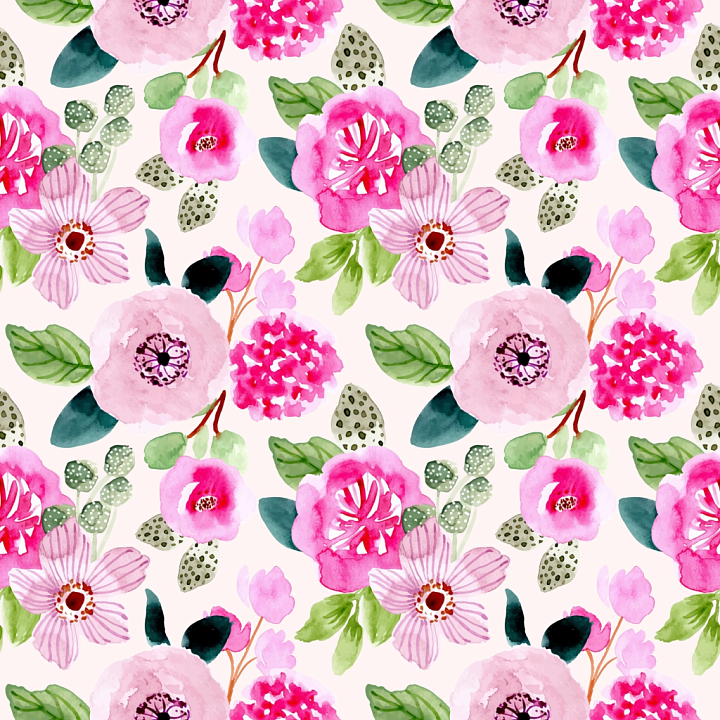 Watercolor Pink Flower Pattern with Green Leaves seamless PBR texture preview