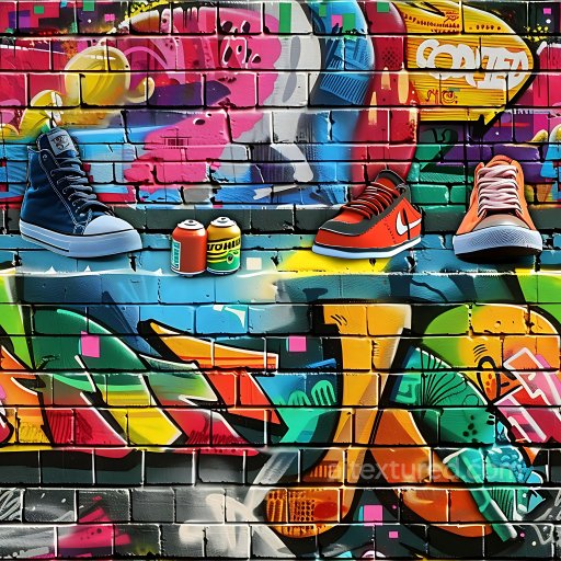 Seamless 3D PBR Texture of Vibrant Multi-Color Graffiti on Brick Wall texture preview