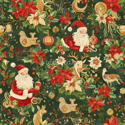 Seamless 3D PBR Fabric Texture Featuring Vintage Christmas Santa and Floral Motifs