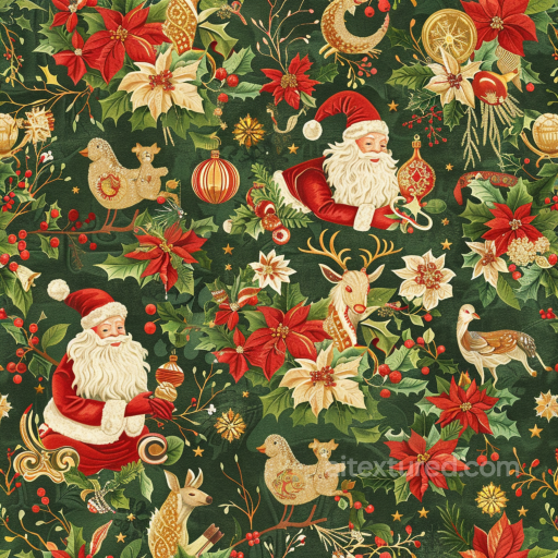 Fabric Texture Featuring Vintage Christmas Santa and Floral Motifs seamless Christmas vintage PBR texture
