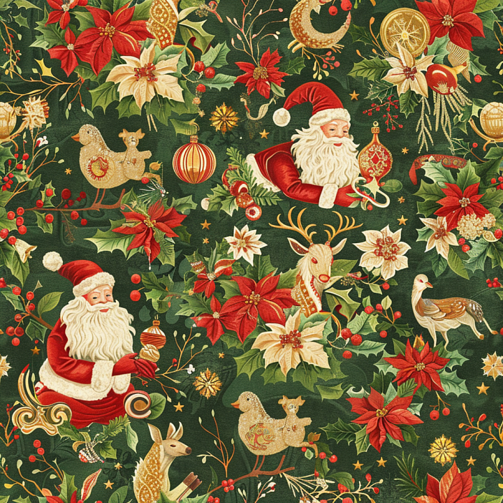 Fabric Featuring Vintage Christmas Santa and Floral Motifs seamless PBR texture preview