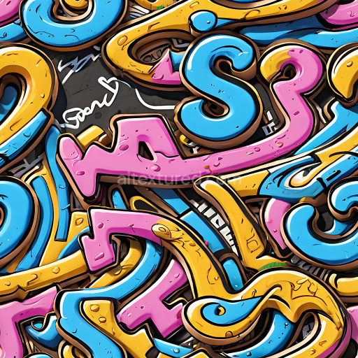 Preview — Seamless 3D PBR Texture Featuring Vibrant Cartoon-Style Graffiti Letters in Pink, Blue, and Yellow
