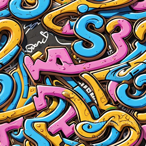 Seamless 3D PBR Texture Featuring Vibrant Cartoon-Style Graffiti Letters in Pink, Blue, a… texture preview