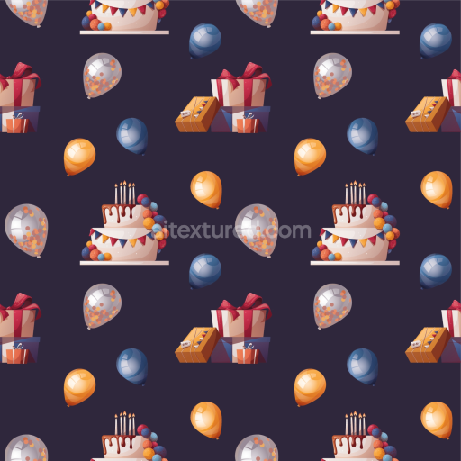 Seamless 3D PBR Birthday Celebration Pattern Texture with Cakes, Gifts, and Balloons