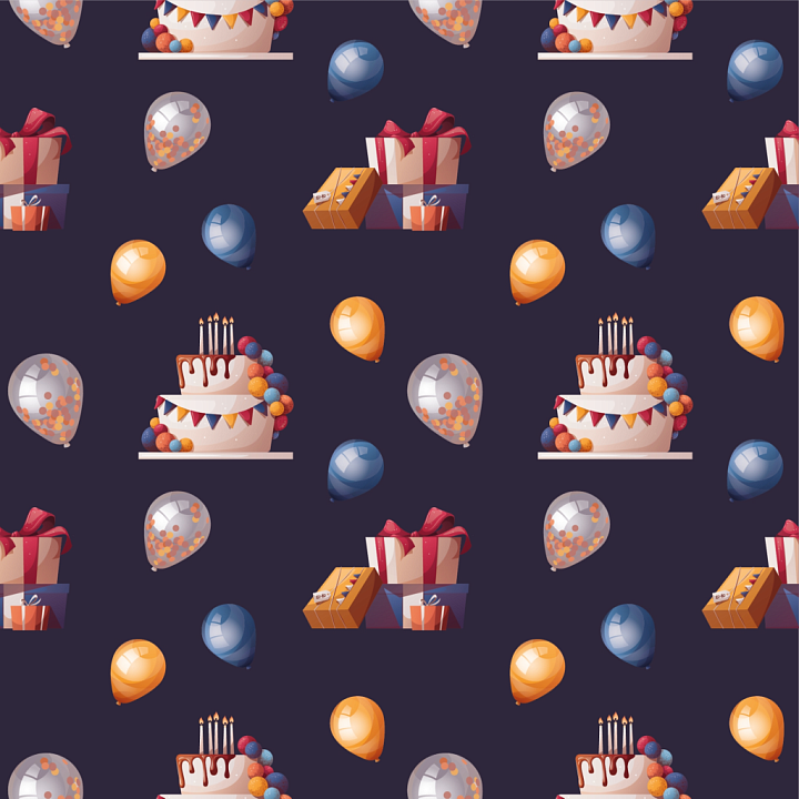 Birthday Celebration Pattern with Cakes, Gifts, and Balloons seamless PBR texture preview