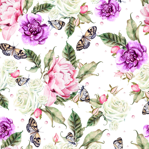 Seamless 3D PBR Texture with Watercolor Roses and Butterflies Pattern