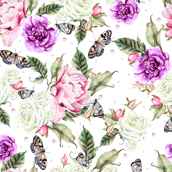 with Watercolor Roses and Butterflies Pattern seamless PBR texture preview