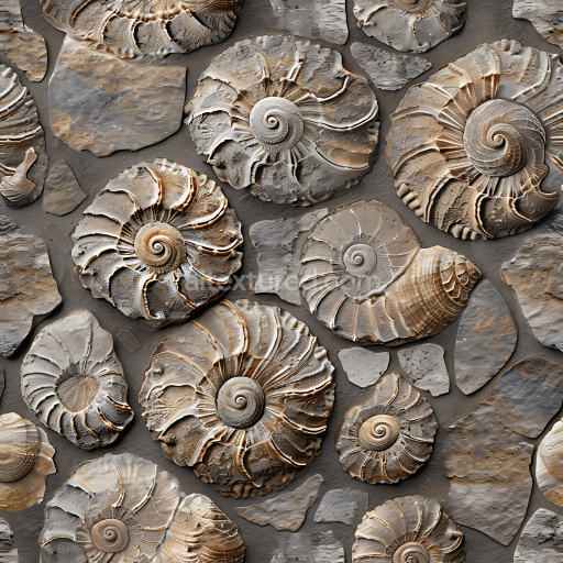 Seamless 3D Fossil Stone Wall PBR Texture Featuring Spiral Ammonite Fossils