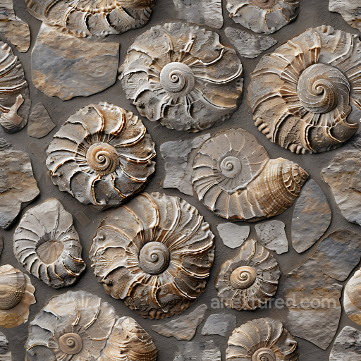 Fossil Stone Wall PBR Texture Featuring Spiral Ammonite Fossils seamless Stone PBR texture