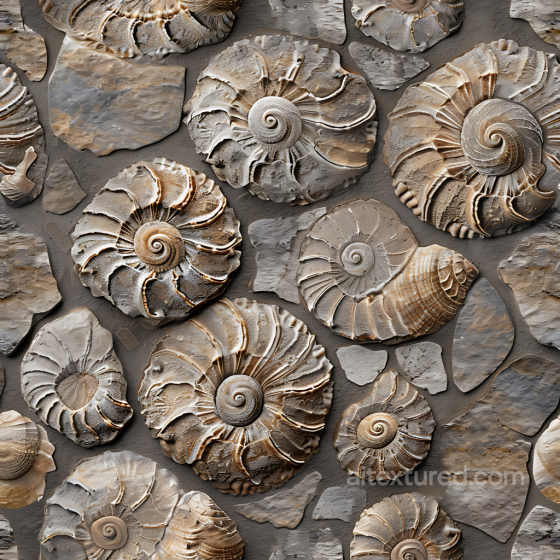 Fossil Stone Wall PBR Texture Featuring Spiral Ammonite Fossils Stone texture preview