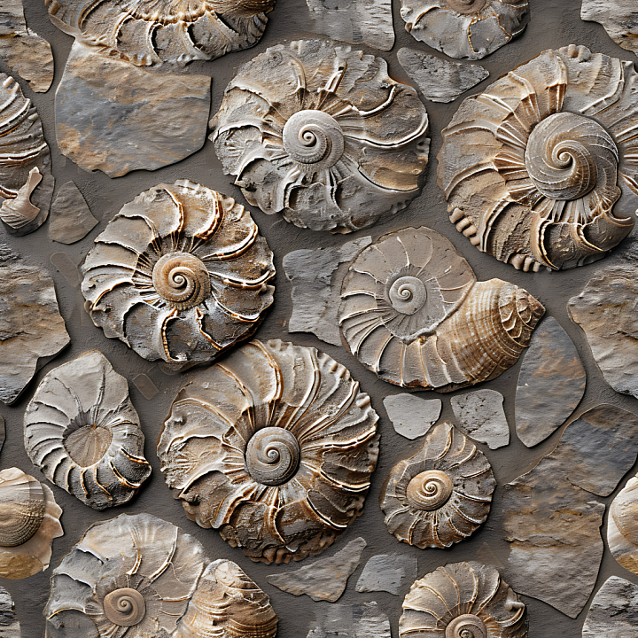 Fossil Stone Wall Featuring Spiral Ammonite Fossils seamless PBR texture preview