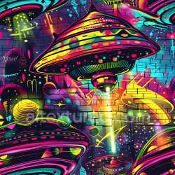 seamless Seamless 3D PBR Graffiti Texture Featuring Neon UFOs and Cosmic Street Art texture 8k free download PBR