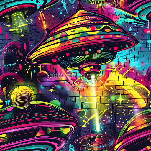 Seamless 3D PBR Graffiti Texture Featuring Neon UFOs and Cosmic Street Art