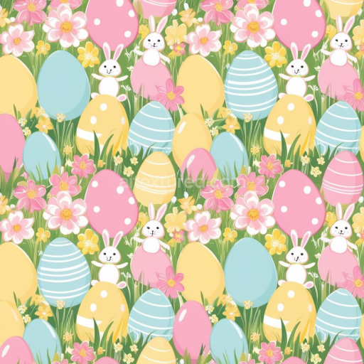 Seamless 3D PBR texture of colorful Easter eggs with cartoon rabbits and flowers