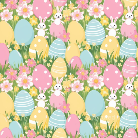 Of Colorful Easter Eggs With Cartoon Rabbits And Flowers All Easter Digital paper texture preview