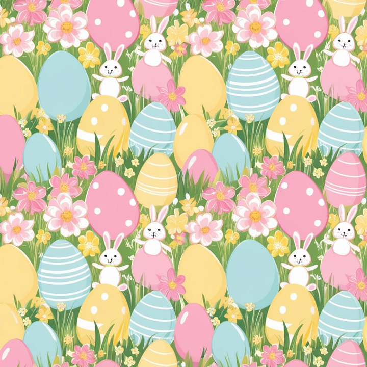 All Easter Digital paper of Pastel Easter Eggs, Bunnies & Spring Flowers seamless PBR texture preview