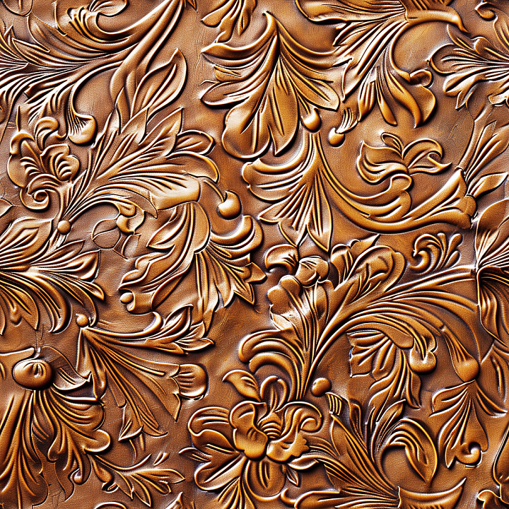 Embossed Vintage Brown Leather with Ornate Floral Pattern seamless PBR texture preview