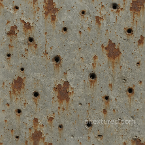 Bullet Holes And Rust Flakes With Scratched Metal And Surface Rust Effects seamless Decals PBR texture