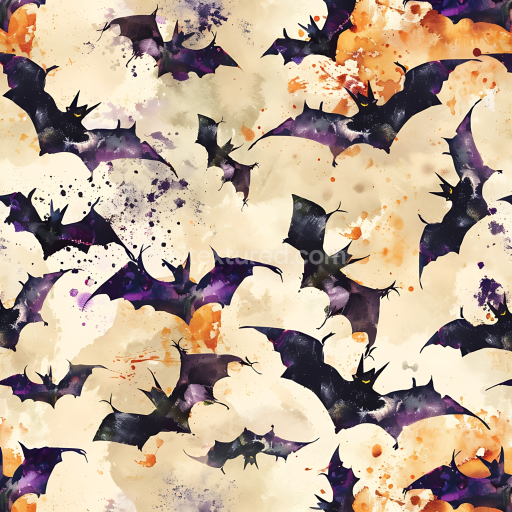 Preview — Seamless 3D PBR Texture of Watercolor Halloween Bats with Orange and Purple Splashes