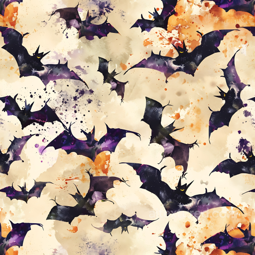 Watercolor Halloween Bats Seamless Texture with Orange and Purple Splashes seamless Watercolor Halloween PBR texture