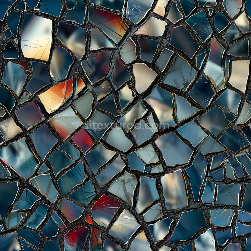 Seamless 3D PBR shattered glass texture with vibrant broken fragments