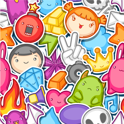 Seamless 3D PBR Texture of Colorful Playful Cartoon Stickers with Cute Characters