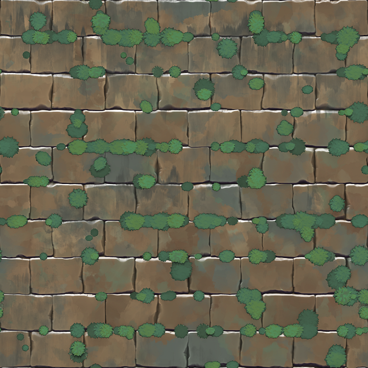 Stylized Brick Moss Wall seamless PBR texture preview