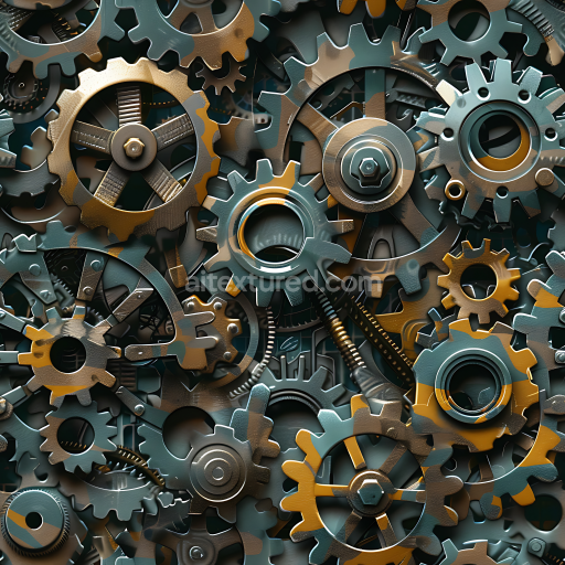 Seamless 3D Industrial Camouflage PBR Texture with Gear and Cog Motifs